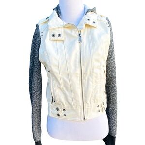 New Look Jacket Cream and Gray Faux Leather Knit Cropped  Zip Small Moto Hooded